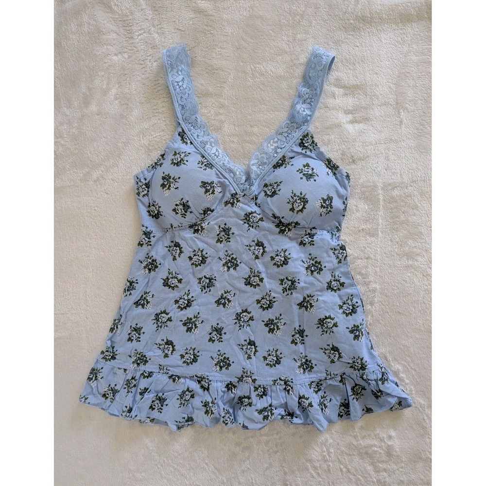 Dainty Camisole Top Light Blue Floral Lace Trim Ruffle Hem Jr Sz S Coquette Y2K